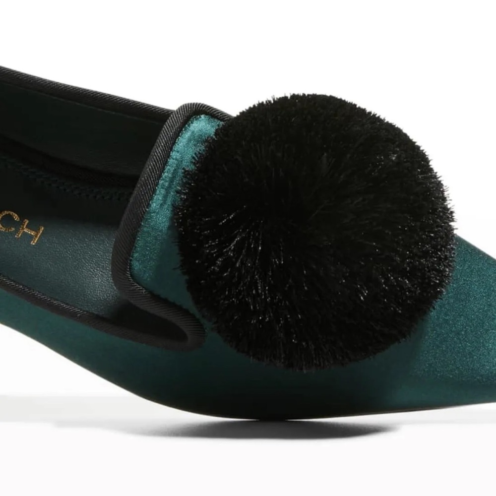 NWT Tory Burch Satin Pom Pom Smoking Loafers in Emerald Green, Brand New in box - Picture 6 of 13